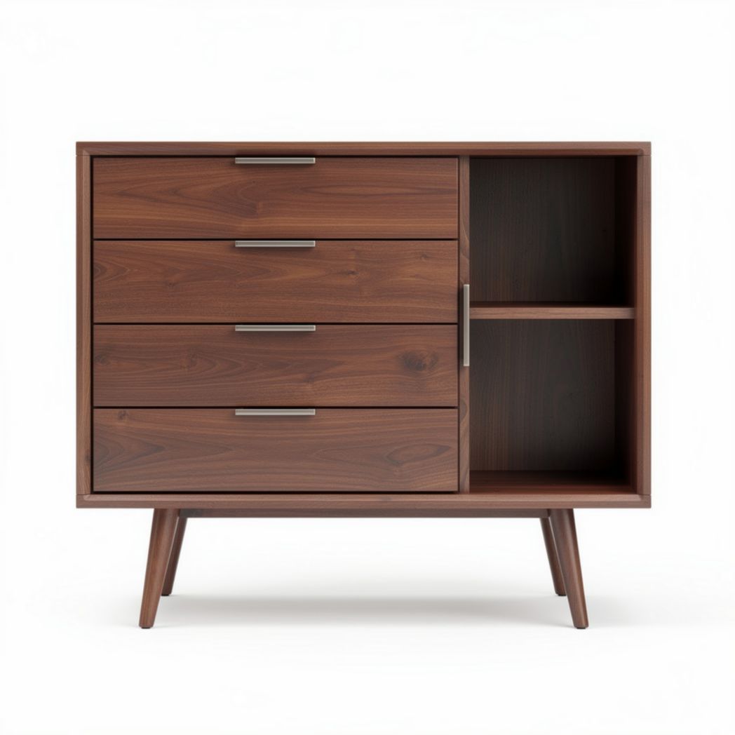 Wooden storage cabinet with four drawers and open shelving 90 x 45 x 75cm