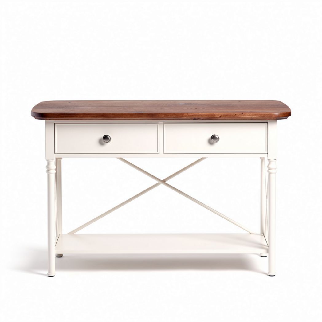 Wood and metal console table with two drawers and open shelf 120 x 40 x 75cm