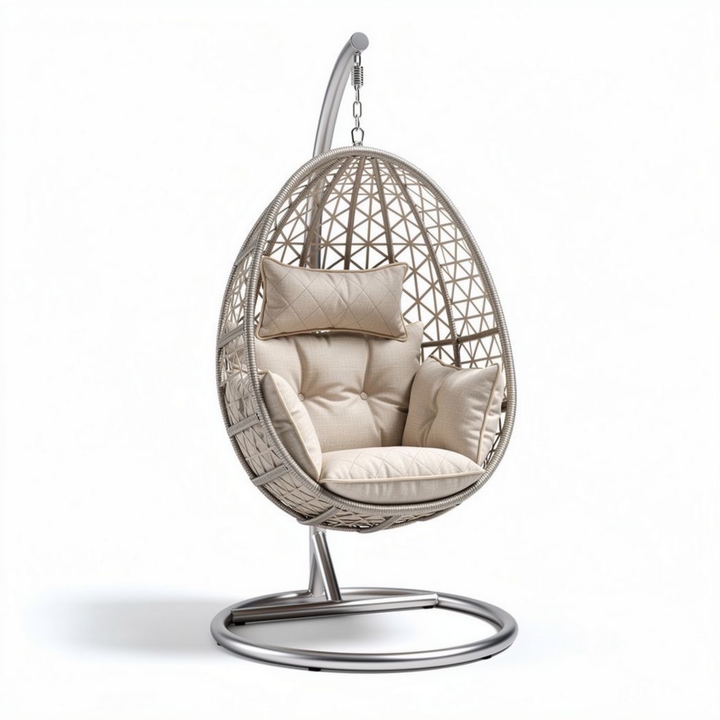 Hanging rattan egg chair with cushions beige 110 x 85 x 120cm