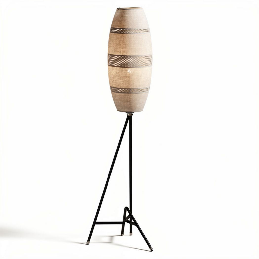 Tall floor lamp with woven natural shade and black metal tripod base 35 x 35 x 150cm