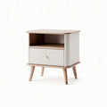 Nightstand with drawer and open shelf in beige fabric and wooden legs 50 x 40 x 45cm