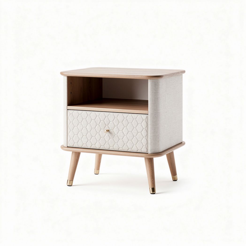 Nightstand with drawer and open shelf in beige fabric and wooden legs 50 x 40 x 45cm
