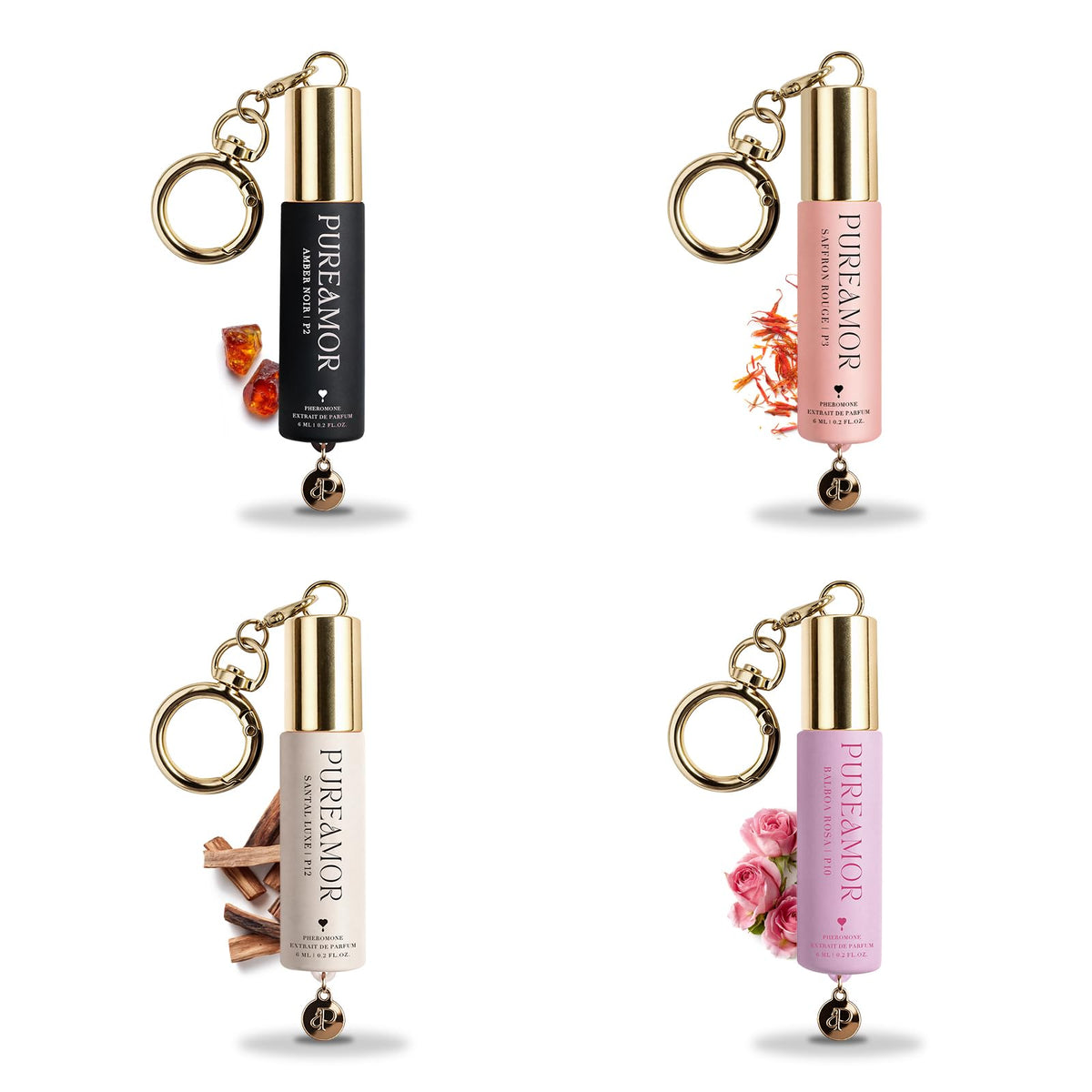 PUREAMOR Pheromone Perfume for Women, Woody  Floral 4-Piece Keychain Set – Amber Noir, Saffron Rouge, Balboa Rosa  Santal Luxe, 30% High Conc, Long Lasting Roll-On, 0.2 oz / 6 ml Each(0.8 Fl Oz)