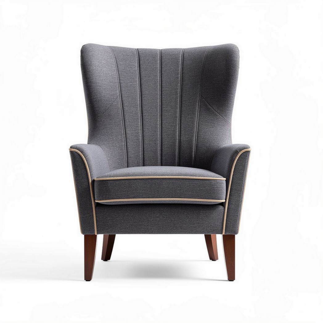 Wingback accent chair in gray fabric with wooden legs 80 x 80 x 100cm