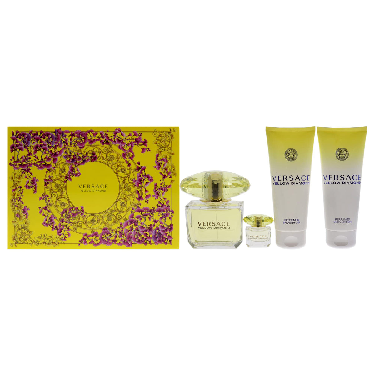 Versace Versace Yellow Diamond 3oz EDT Spray, 3.4oz Shower Gel, 3.4oz Body Lotion, 5ml EDT Rollerball Mini Women 4 Pc Gift Set(295ML)