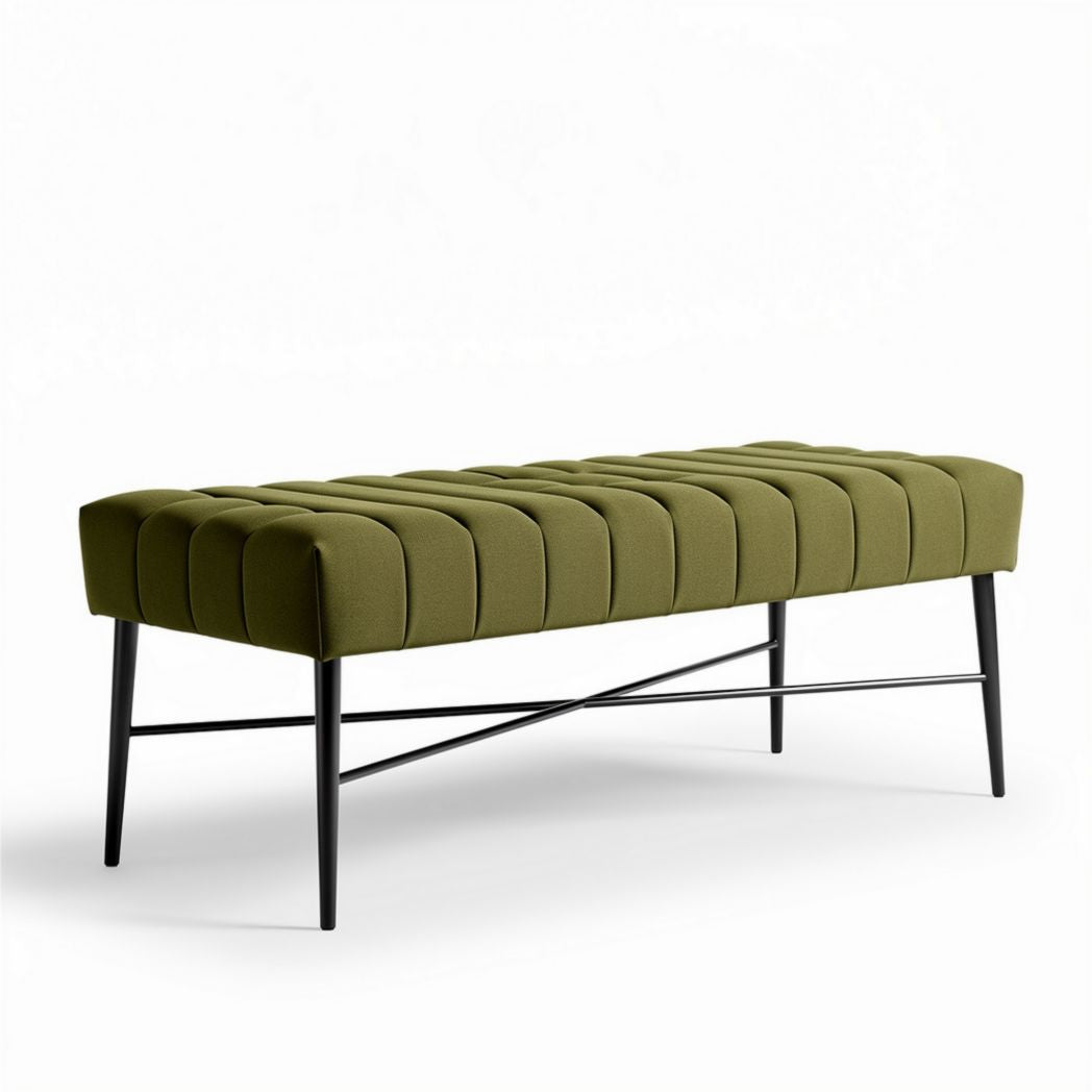 Upholstered bench with metal legs in olive green fabric dimensions 120 x 40 x 45cm