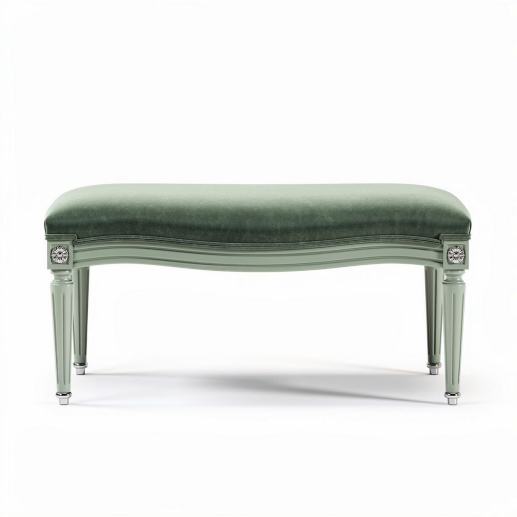 Green velvet bench with wooden legs for living room use 80 x 40 x 30cm
