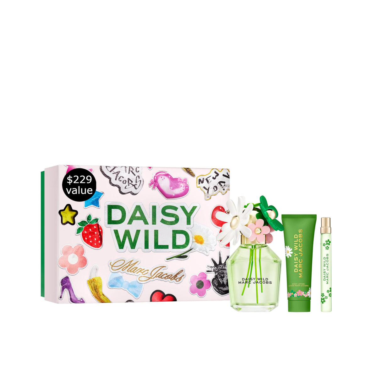 Marc Jacobs Daisy Wild EDP 3pc Gift Set ($229 value) -EDP 3.3oz, Body Lotion 2.5oz, Travel Spray 0.33 oz– With Notes of Banana, Jasmine  Macadamia Accord- Floral Women's Perfume(6.13 Fl Oz)